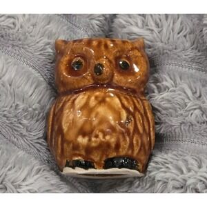 Vintage 2" x 2" Brown Ceramic Owl Toothpick Holder Matchstick Holder